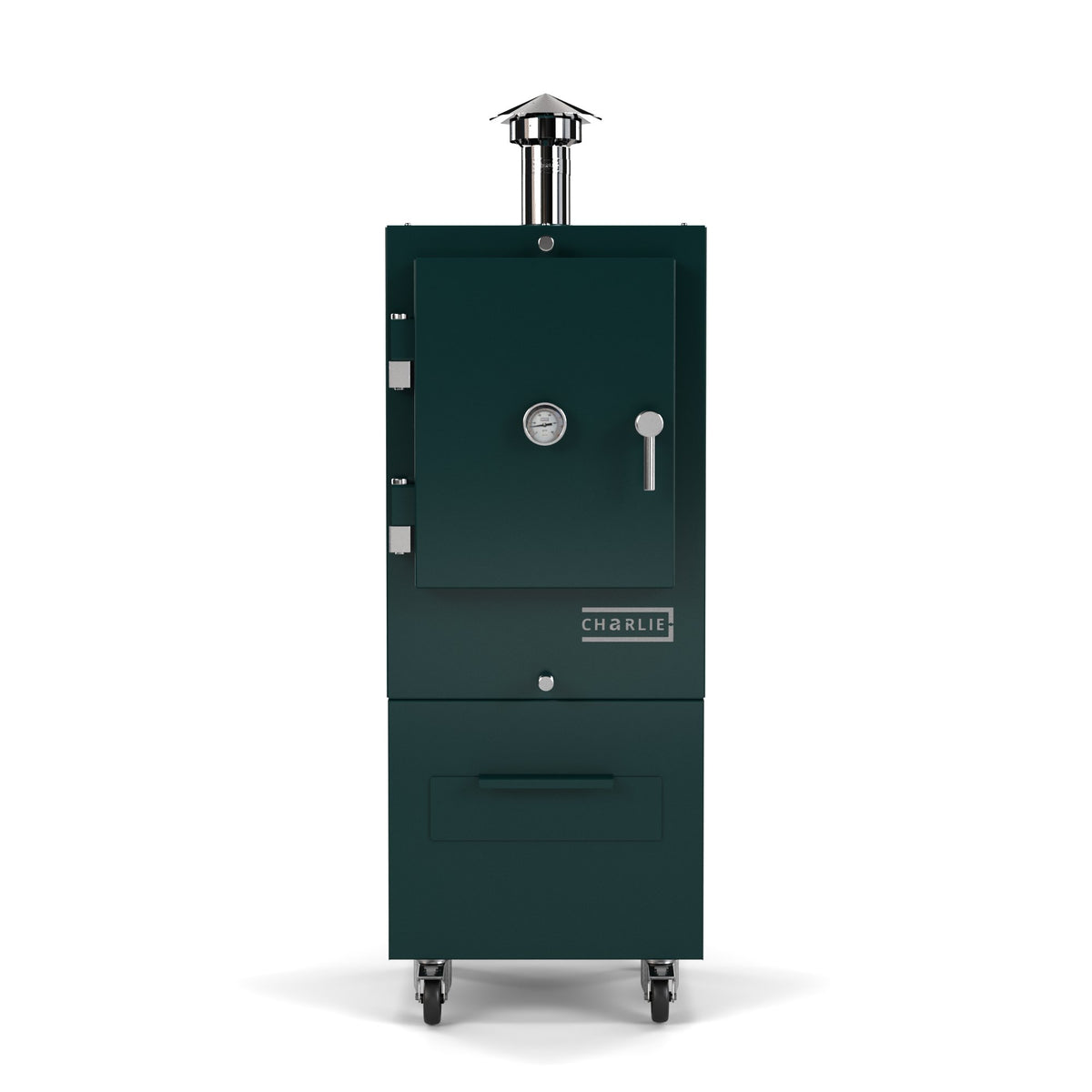 Charlie Charcoal Oven in agave, a dark green-blue, front view with the door closed 
