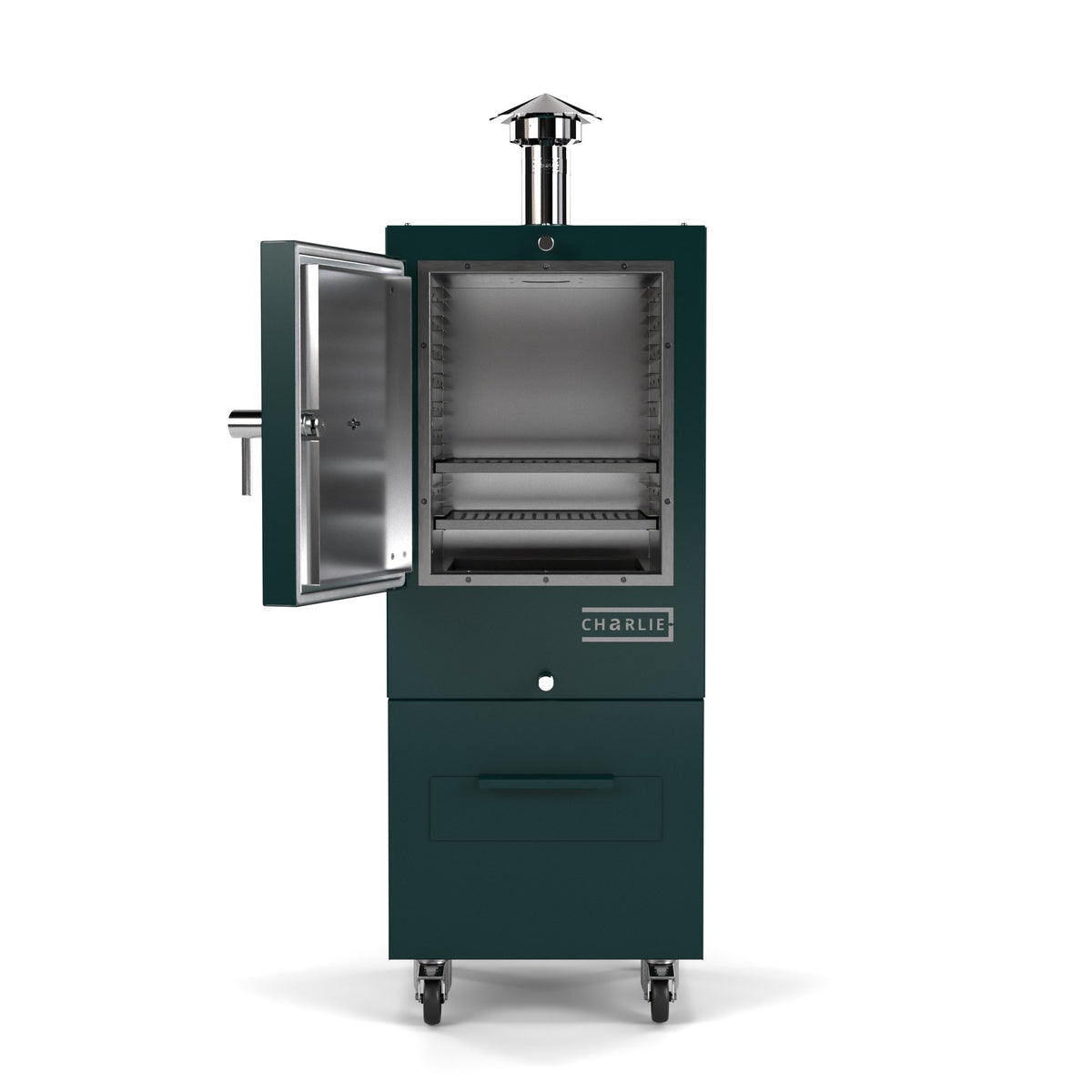 Charlie Charcoal Oven in agave, a dark green-blue, front view with the door open showing the cooking chamber 