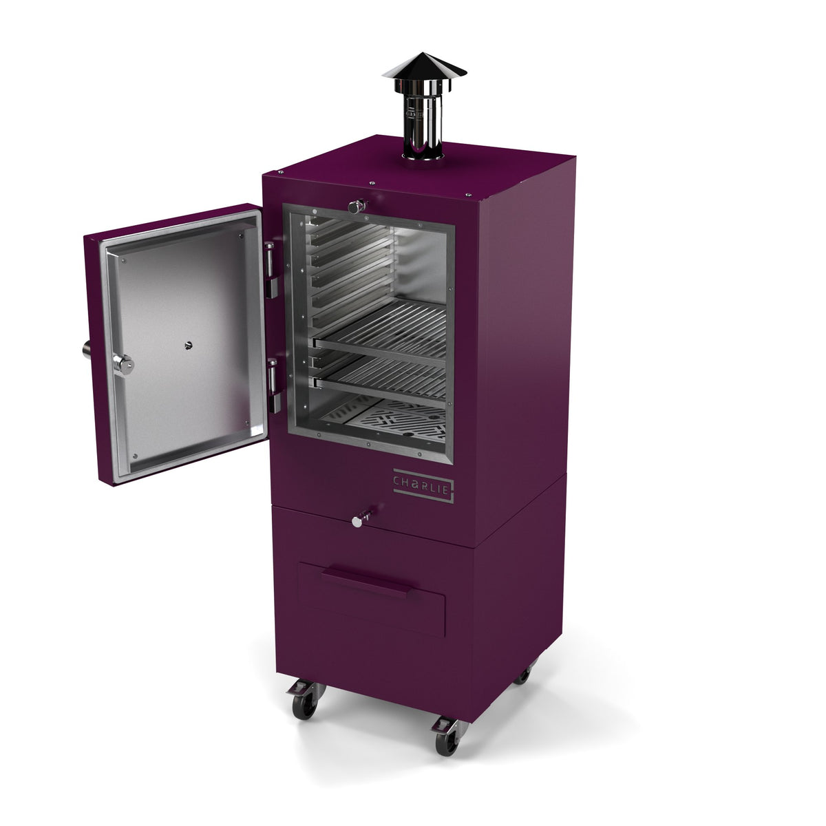 Charlie Charcoal Oven in beetroot, a deep purple, angled view with the door open showing the racks inside 