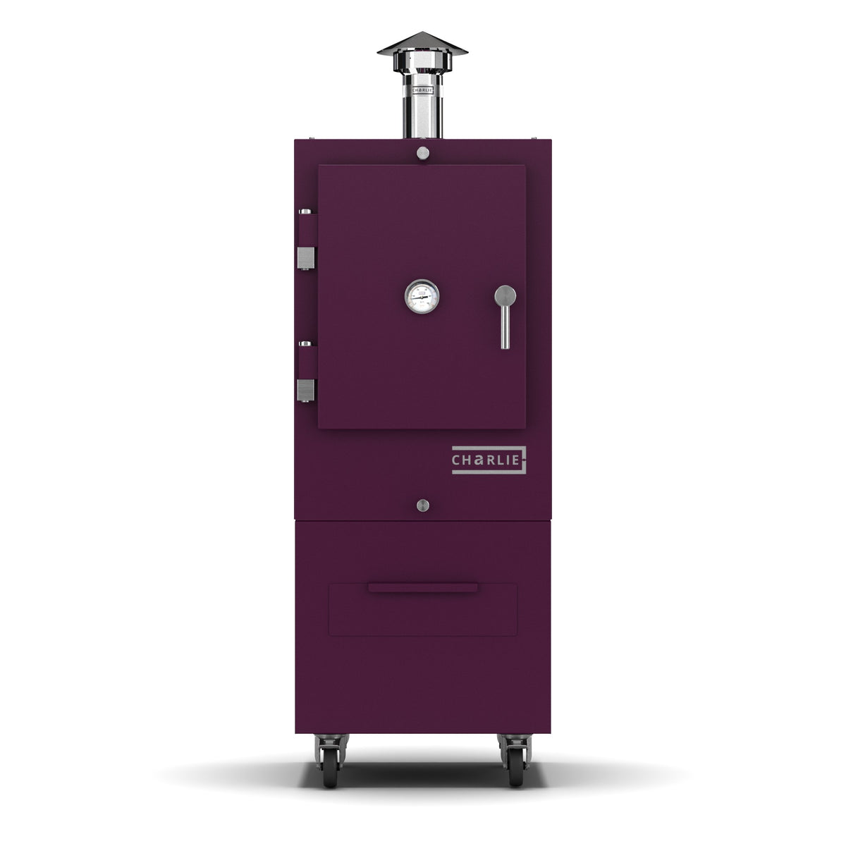 Charlie Charcoal Oven in beetroot, a deep purple, front view with the door closed