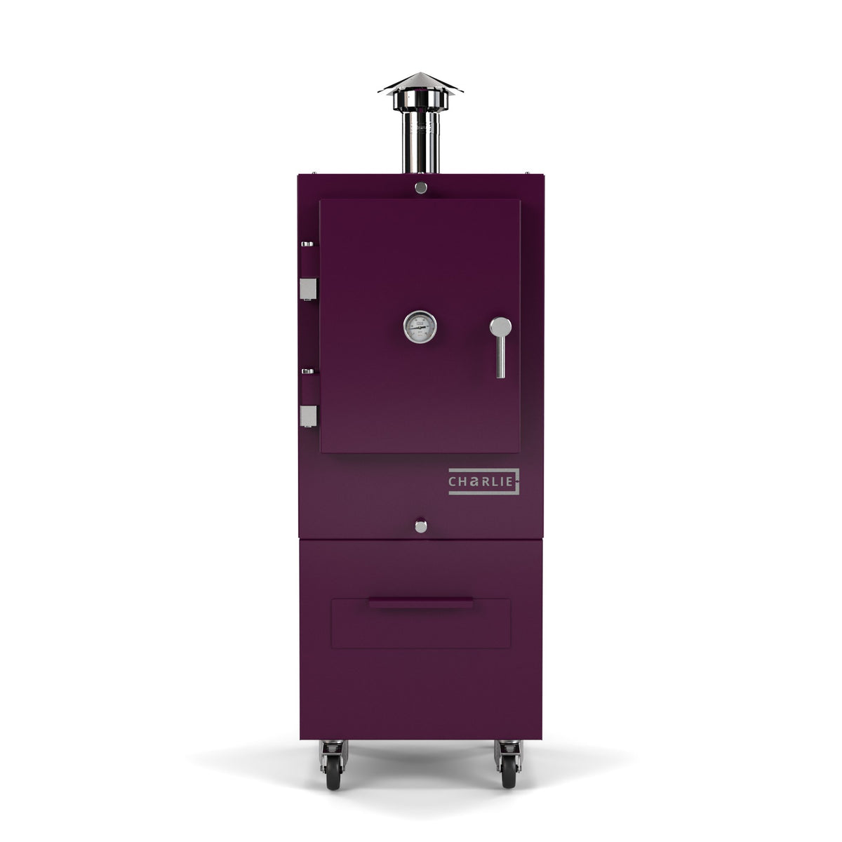Charlie Charcoal Oven in beetroot, a deep purple, front view with the door closed 