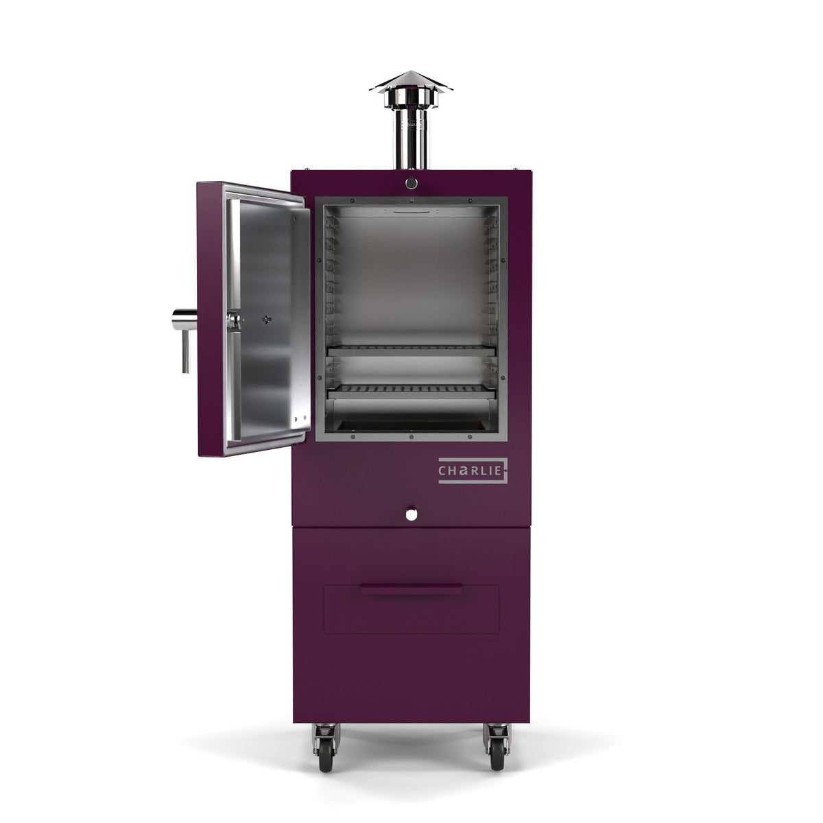 Charlie Charcoal Oven in beetroot, a deep purple, front view with the door open showing the cooking chamber 