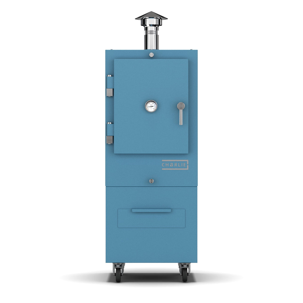 Charlie Charcoal Oven in blue marlin, a pastel blue, front view with the door closed