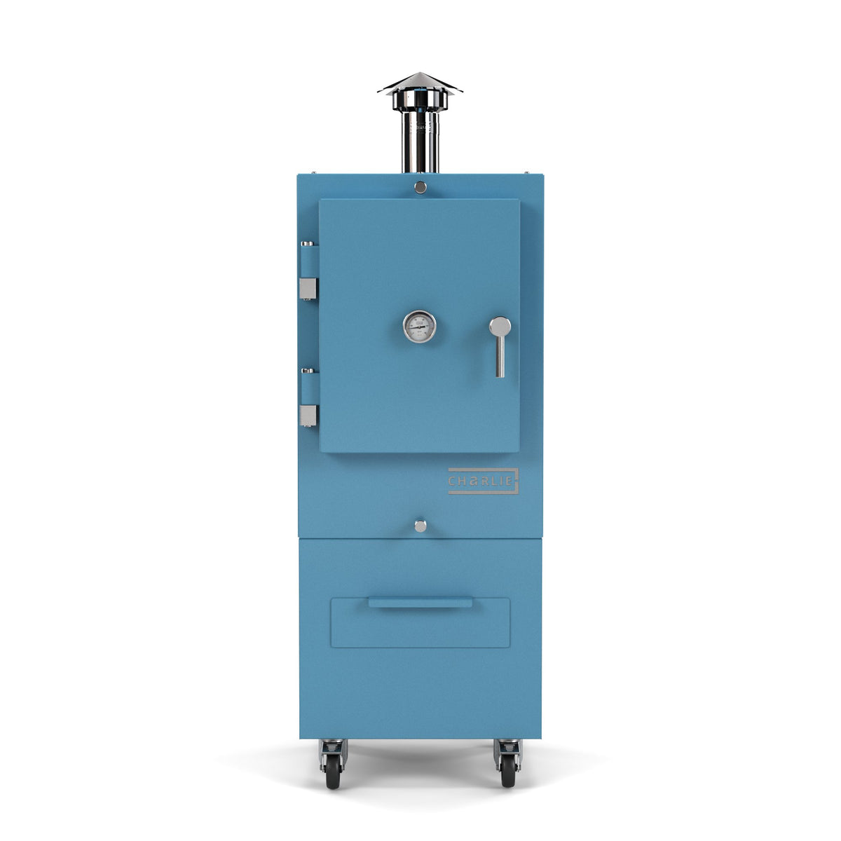 Charlie Charcoal Oven in blue marlin, a pastel blue, front view with the door closed 