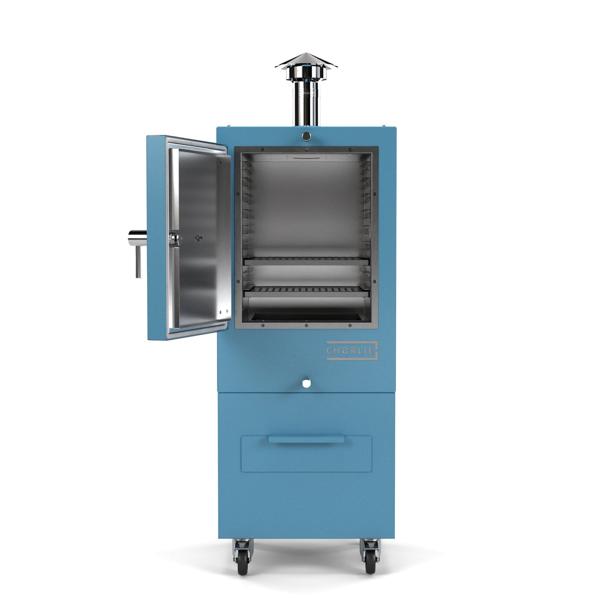 Charlie Charcoal Oven in blue marlin, a pastel blue, front view with the door open showing the cooking chamber 