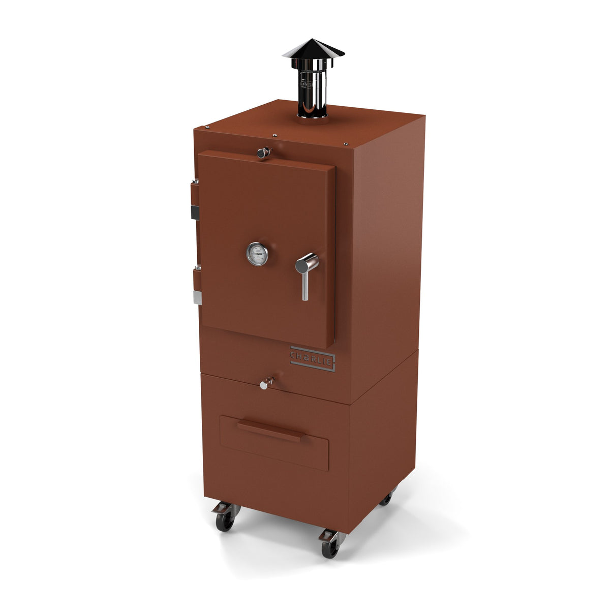 Charlie Charcoal Oven in cinnamon, a coppery orange-brown, angled view with the door closed 