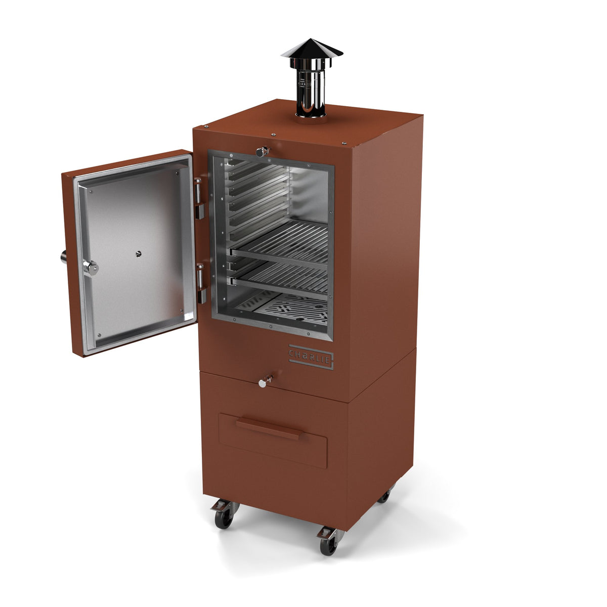 Charlie Charcoal Oven in cinnamon, a coppery orange-brown, angled view with the door open showing the racks inside 