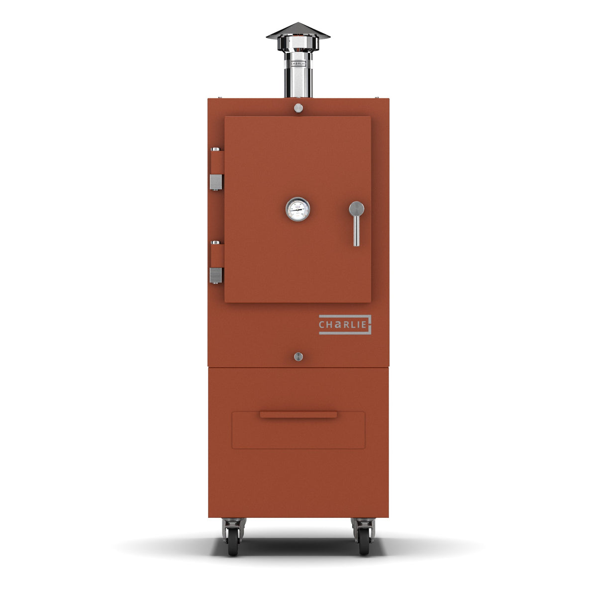Charlie Charcoal Oven in cinnamon, a coppery orange-brown, front view with the door closed