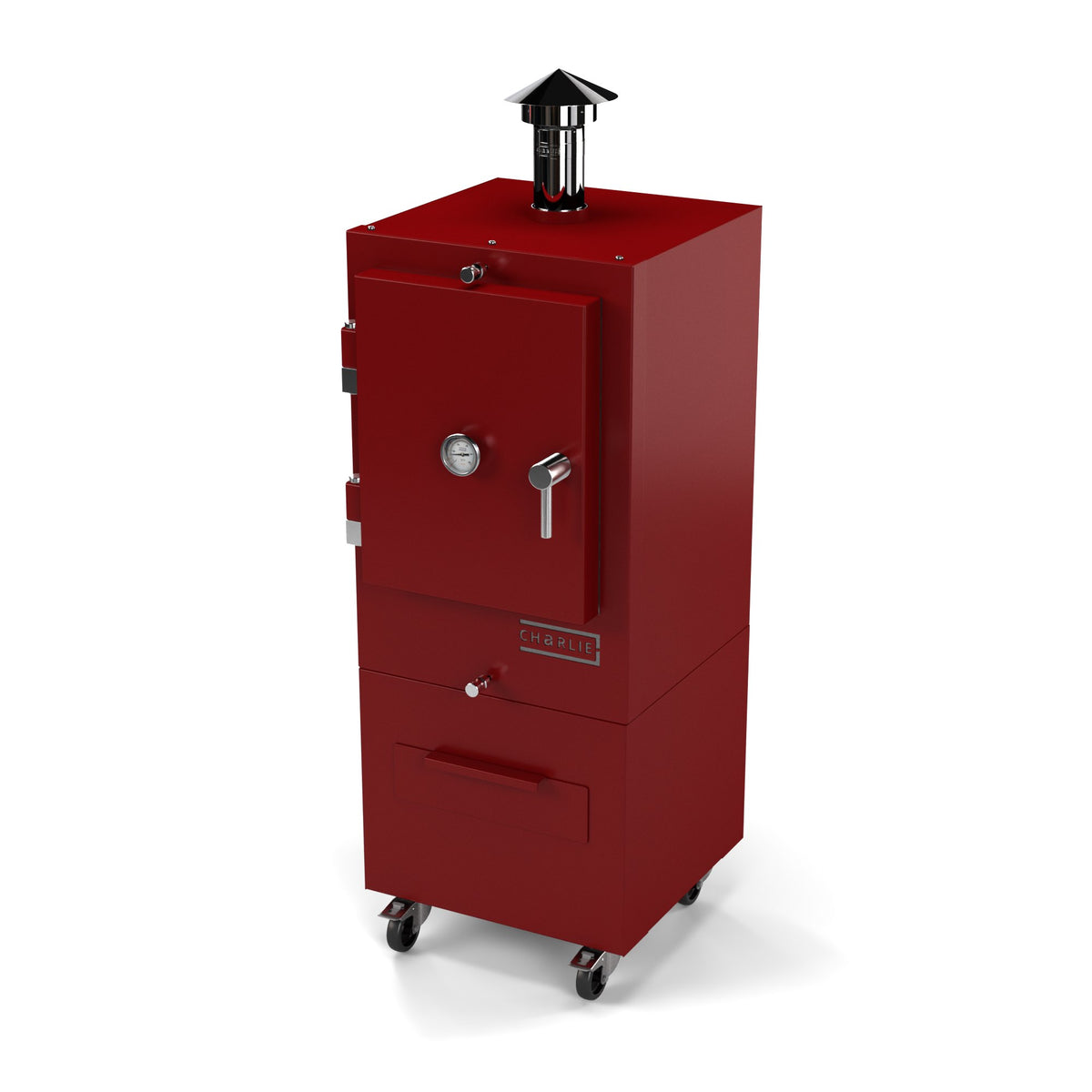 Charlie Charcoal Oven in dark cherry red, angled view with the door closed 