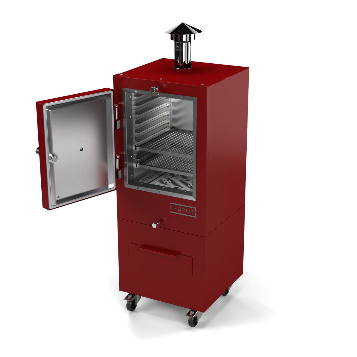Charlie Charcoal Oven in dark cherry red, angled view with the door open showing the racks inside 