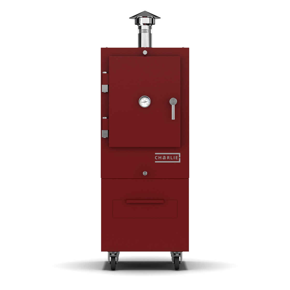 Charlie Charcoal Oven in dark cherry red, front view with the door closed
