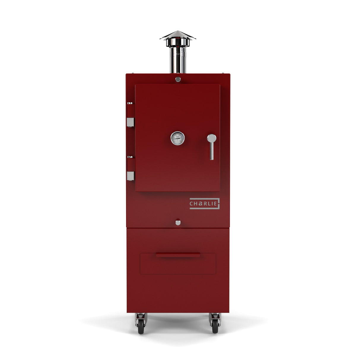 Charlie Charcoal Oven in dark cherry red, front view with the door closed 
