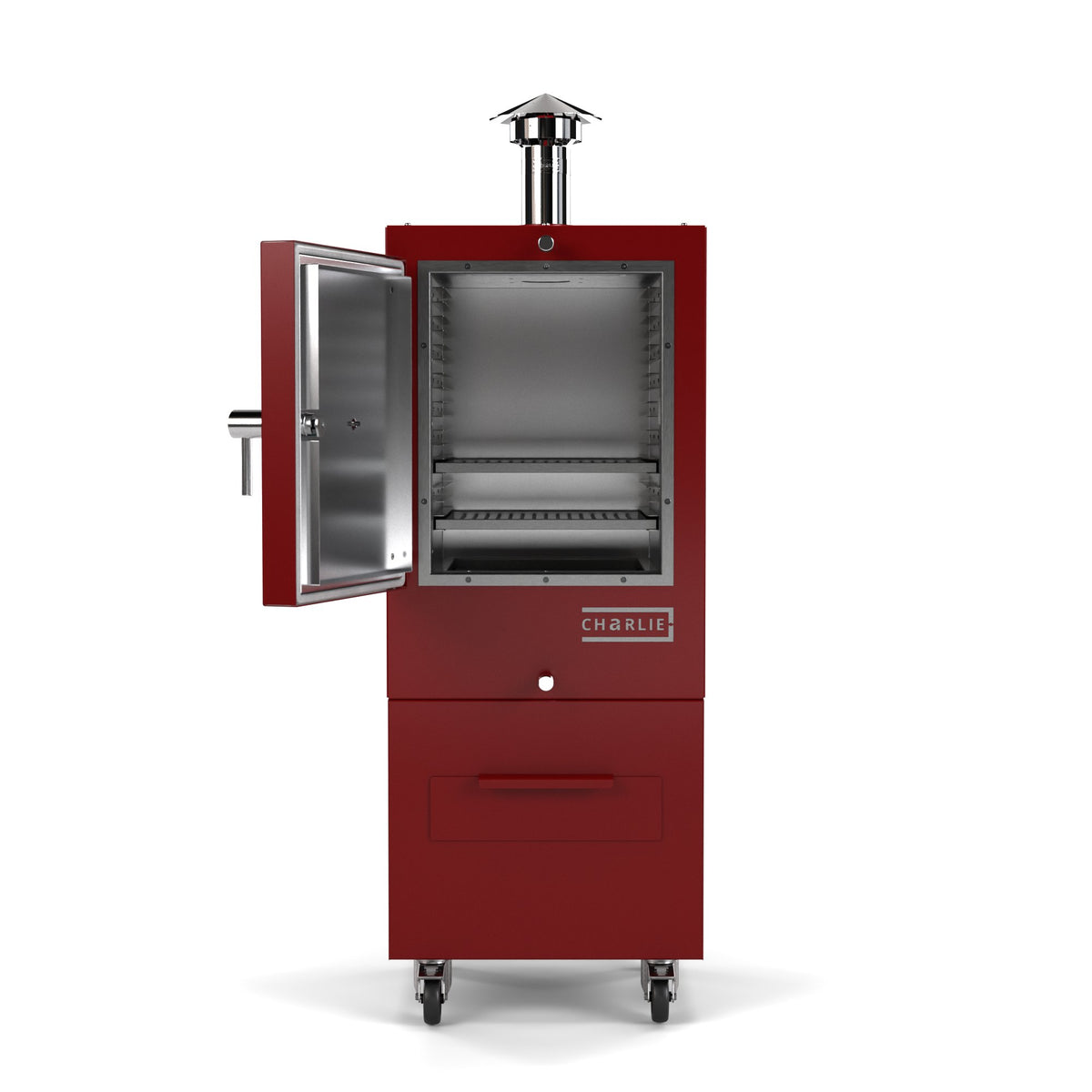 Charlie Charcoal Oven in dark cherry red, front view with the door open showing the cooking chamber 