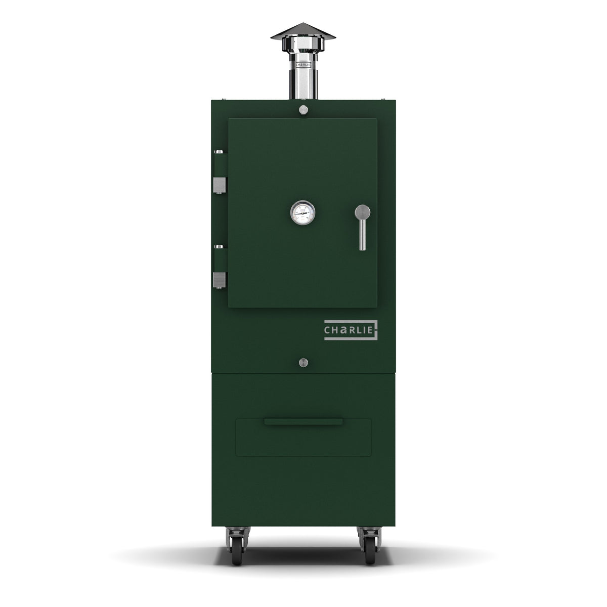 Charlie Charcoal Oven in green chilli, a deep green, front view with the door closed
