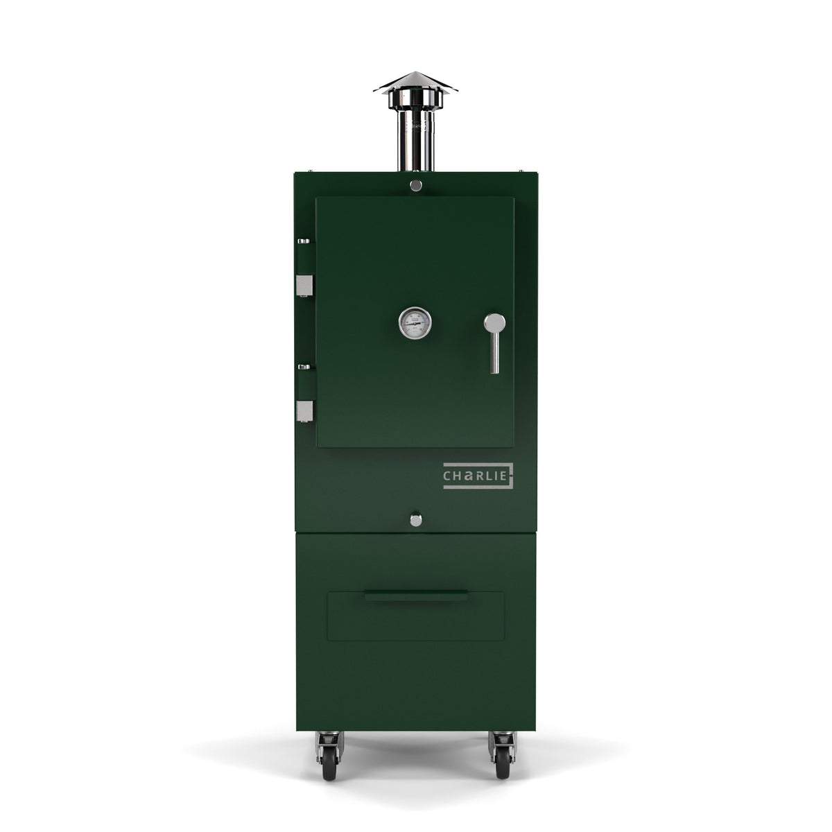 Charlie Charcoal Oven in green chilli, a deep green, front view with the door closed
