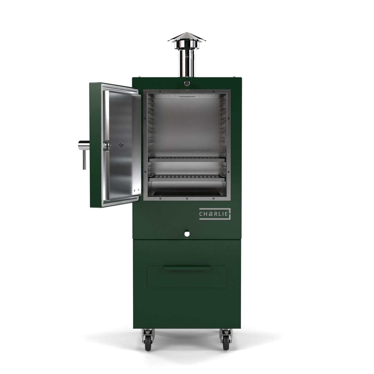 Charlie Charcoal Oven in green chilli, a deep green, front view with the door open showing the cooking chamber 