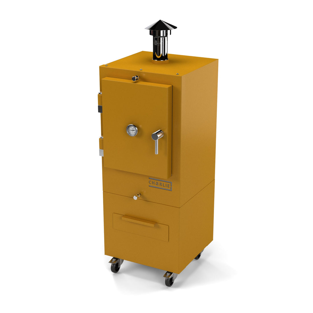 Charlie Charcoal Oven in honeycomb, a rich honey yellow, angled view with the door closed 