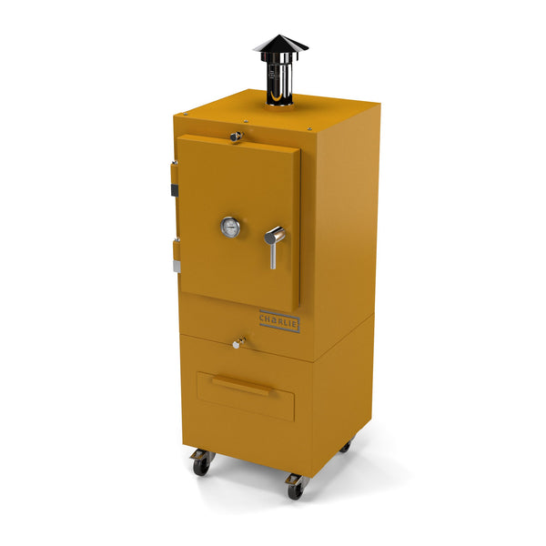 Charlie Charcoal Oven in honeycomb, a rich honey yellow, angled view with the door closed