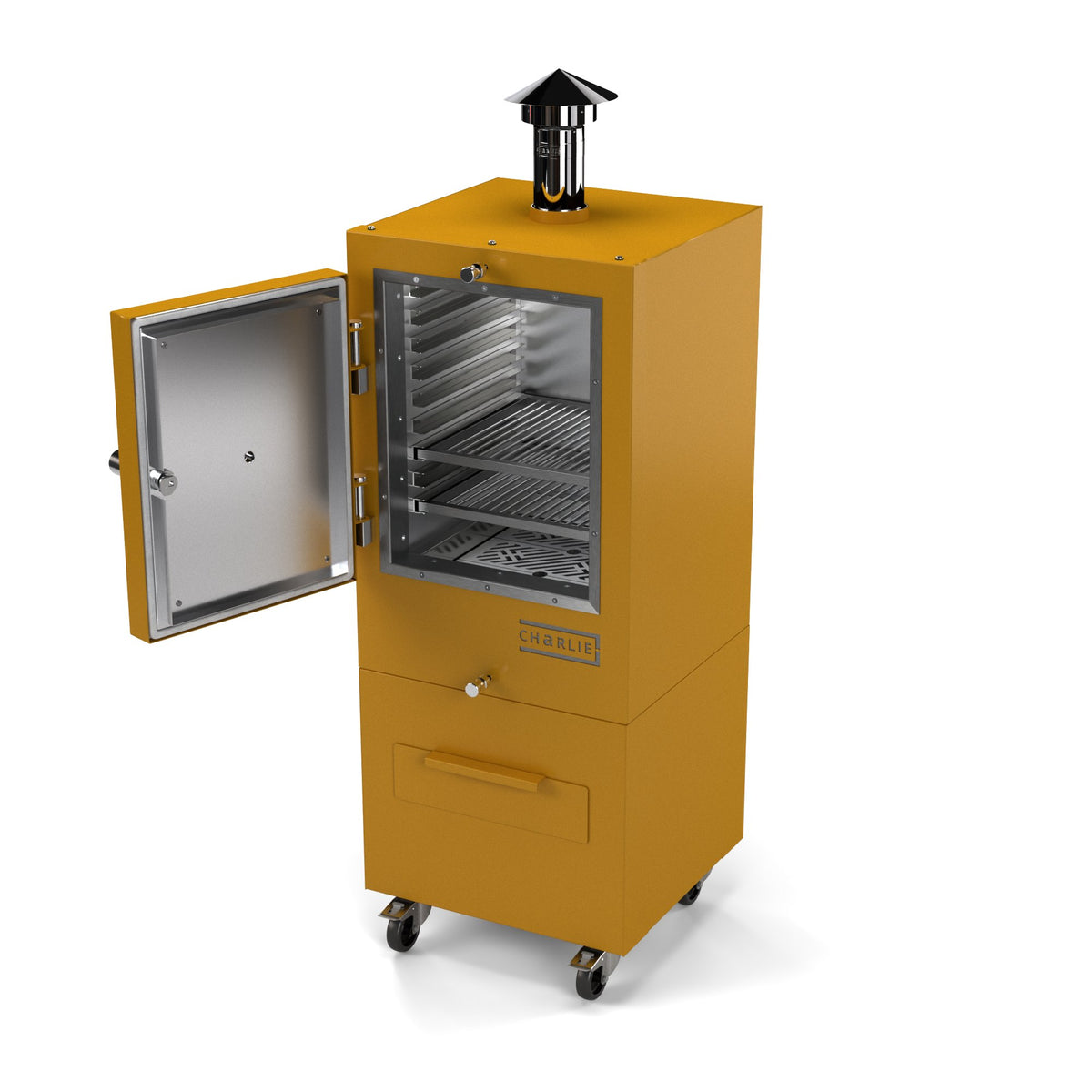 Charlie Charcoal Oven in honeycomb, a rich honey yellow, angled view with the door open showing the racks inside 
