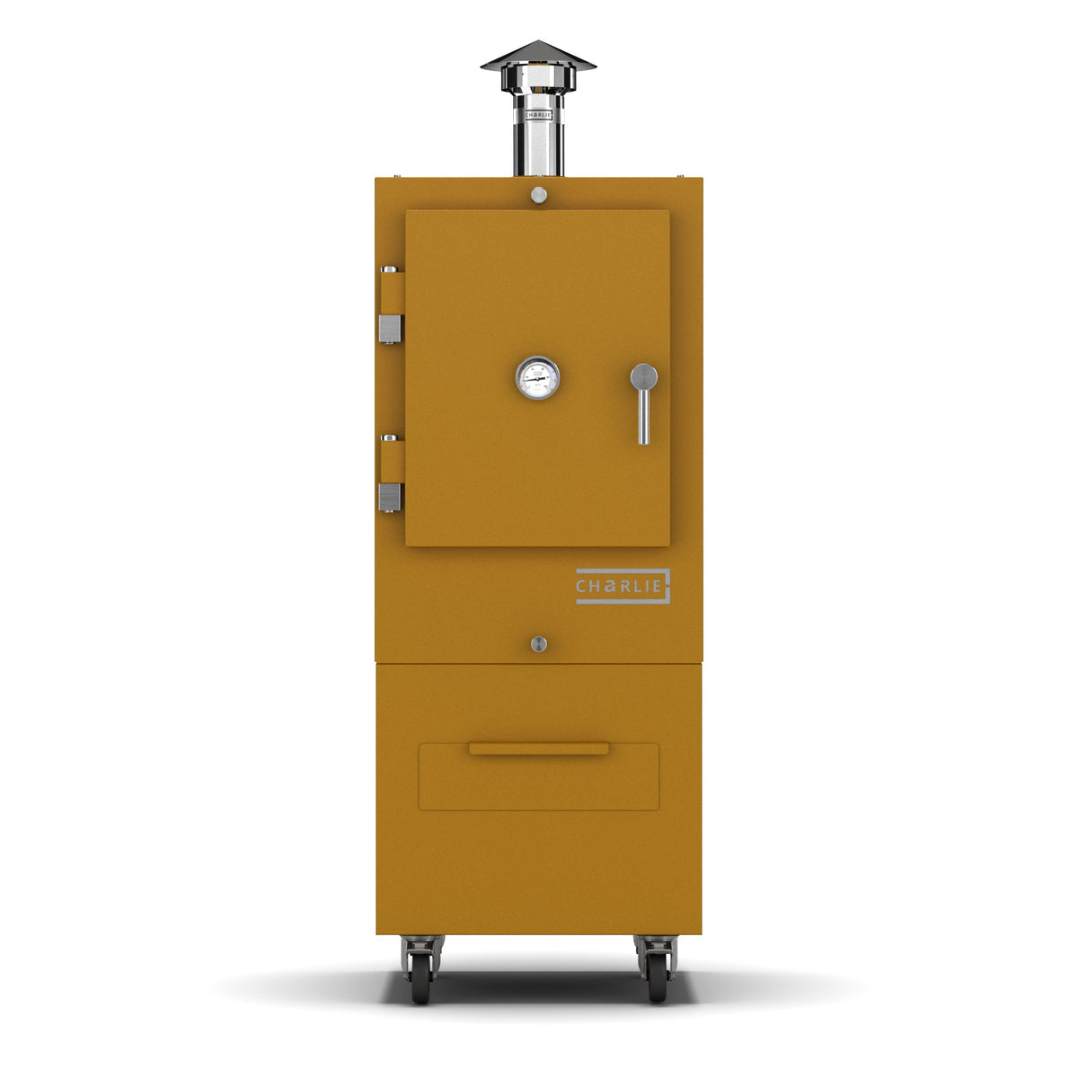Charlie Charcoal Oven in honeycomb, a rich honey yellow, front view with the door closed