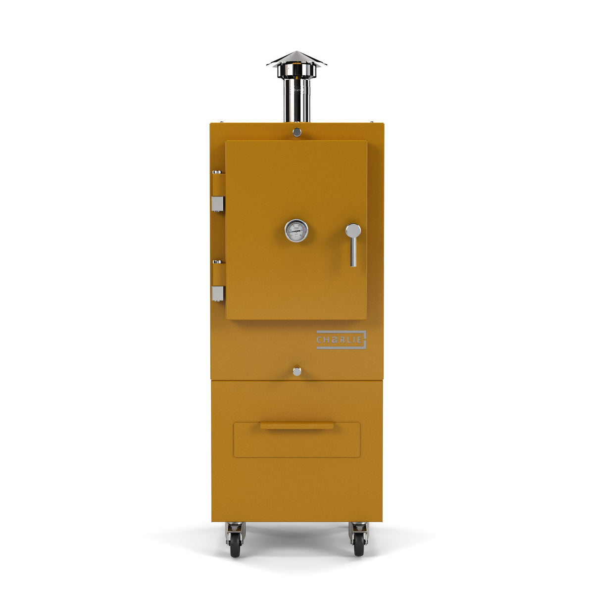 Charlie Charcoal Oven in honeycomb, a rich honey yellow, front view with the door closed