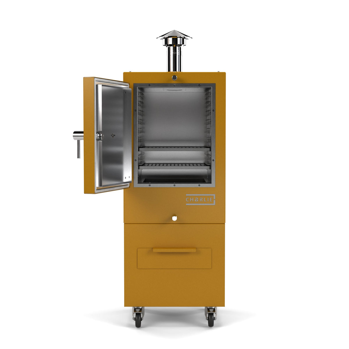 Charlie Charcoal Oven in honeycomb, a rich honey yellow, front view with the door open showing the cooking chamber 