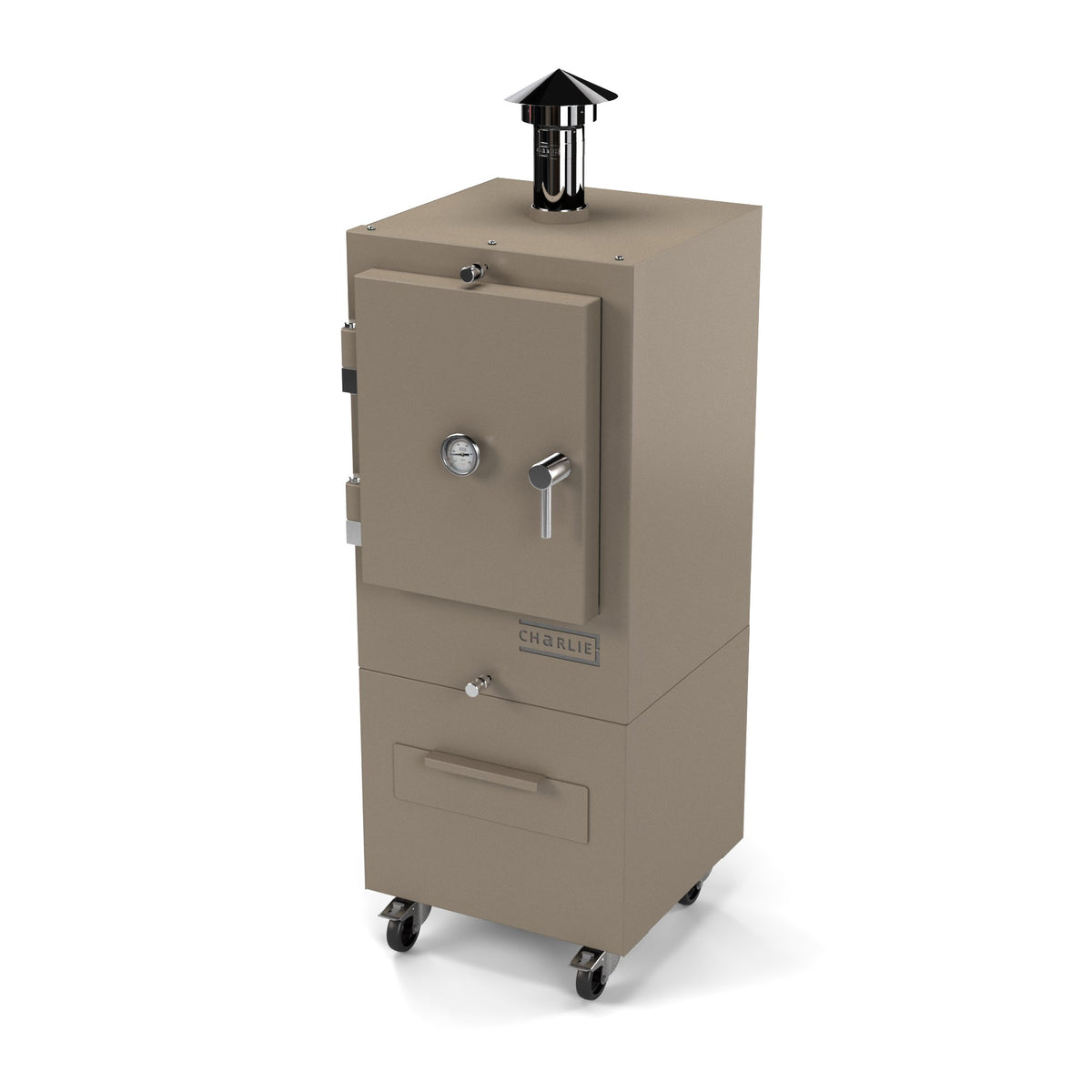 Charlie Charcoal Oven in nutmeg, a taupe brown, angled view with the door closed 