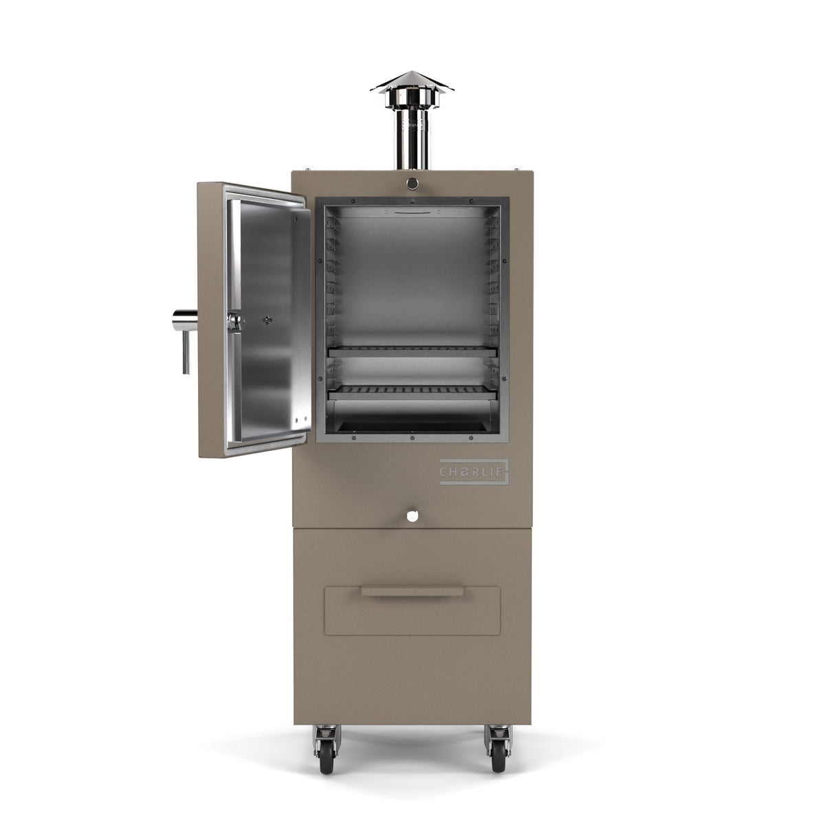 Charlie Charcoal Oven in nutmeg, a taupe brown, front view with the door open showing the cooking chamber 