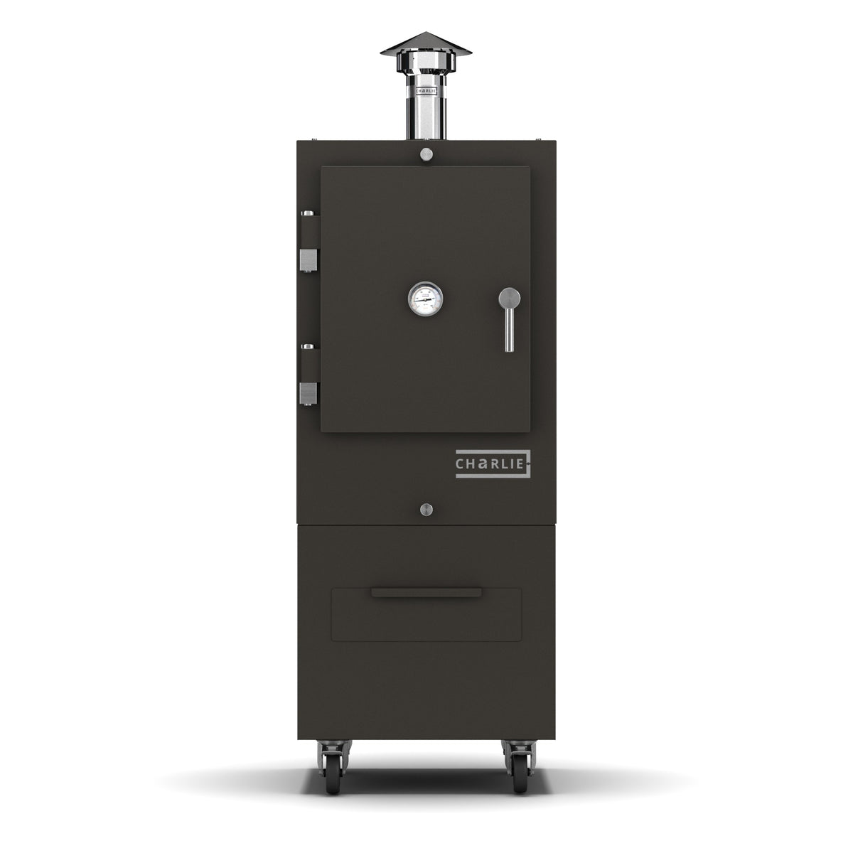 Charlie Charcoal Oven in porcini, a grey with a brown tone, front view with the door closed