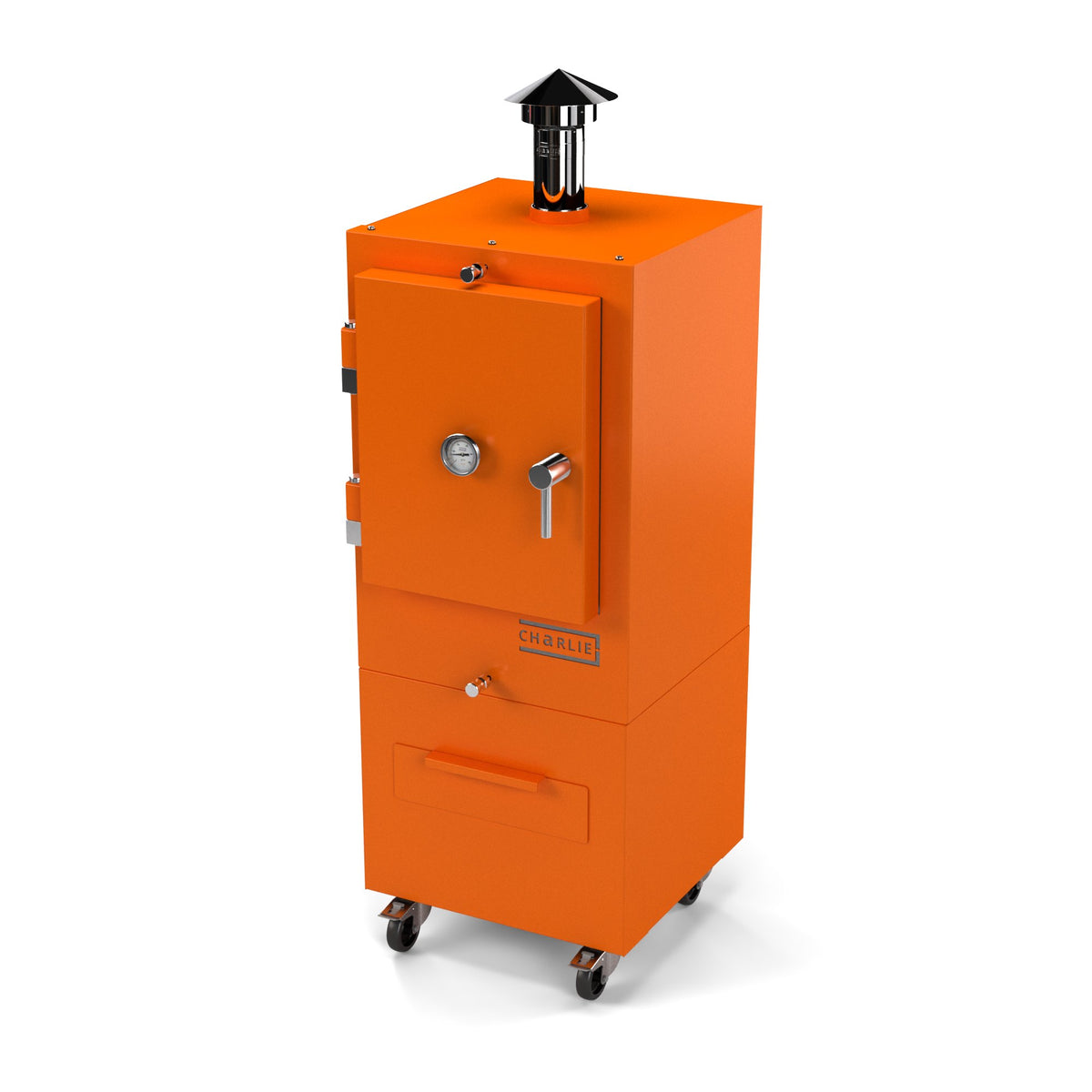 Charlie Charcoal Oven in saffron, a bright vibrant orange, angled view with the door closed 