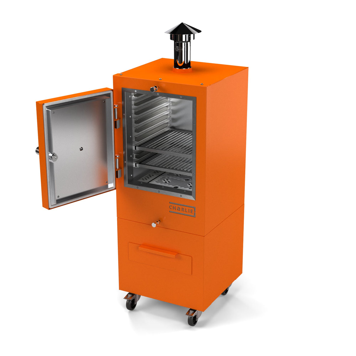 Charlie Charcoal Oven in saffron, a bright vibrant orange, angled view with the door open showing the racks inside 