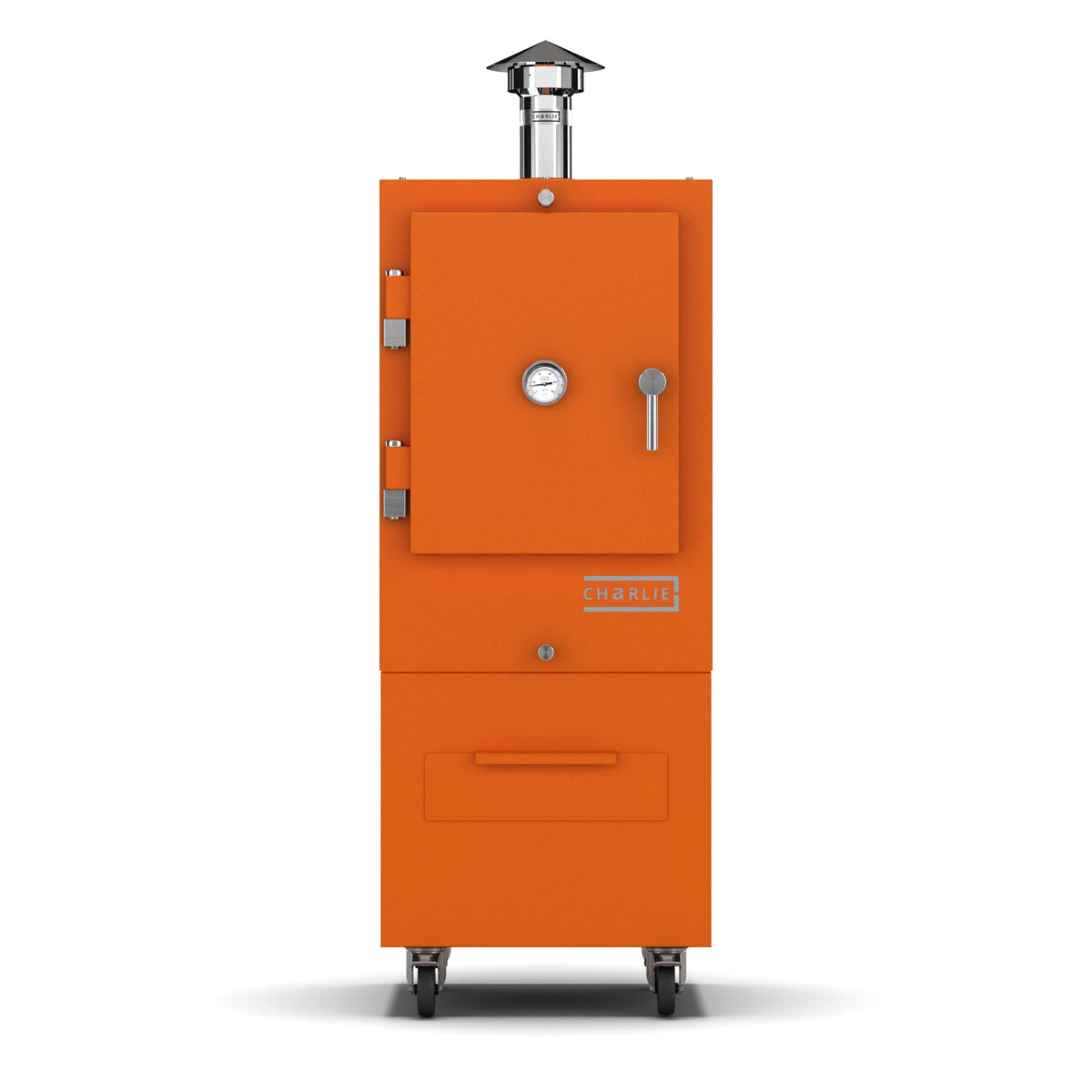 Charlie Charcoal Oven in saffron, a bright vibrant orange, front view with the door closed