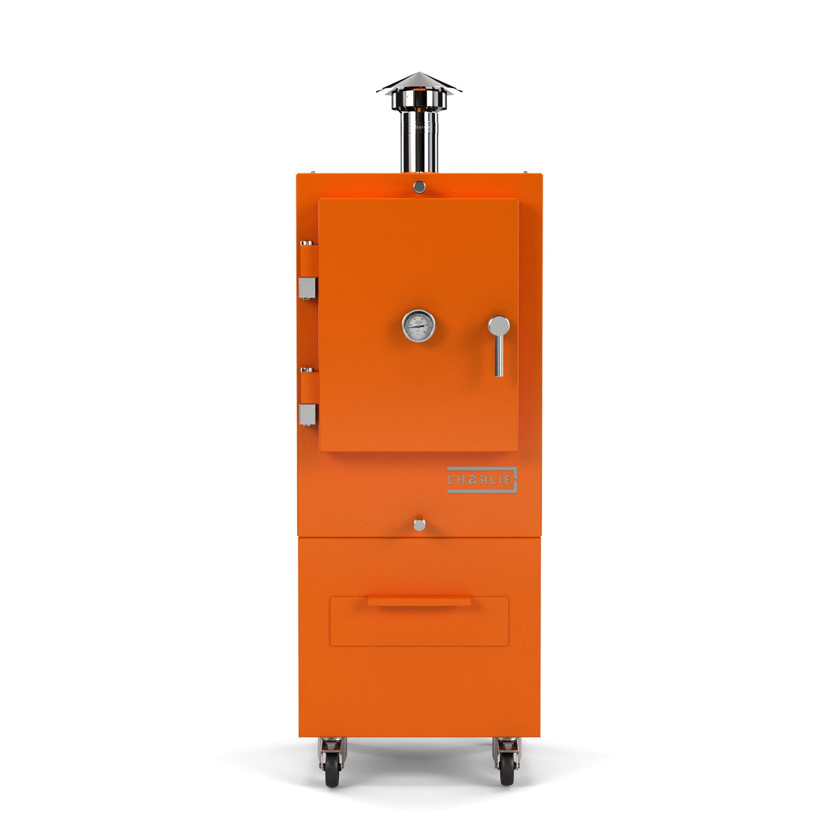 Charlie Charcoal Oven in saffron, a bright vibrant orange, front view with the door closed