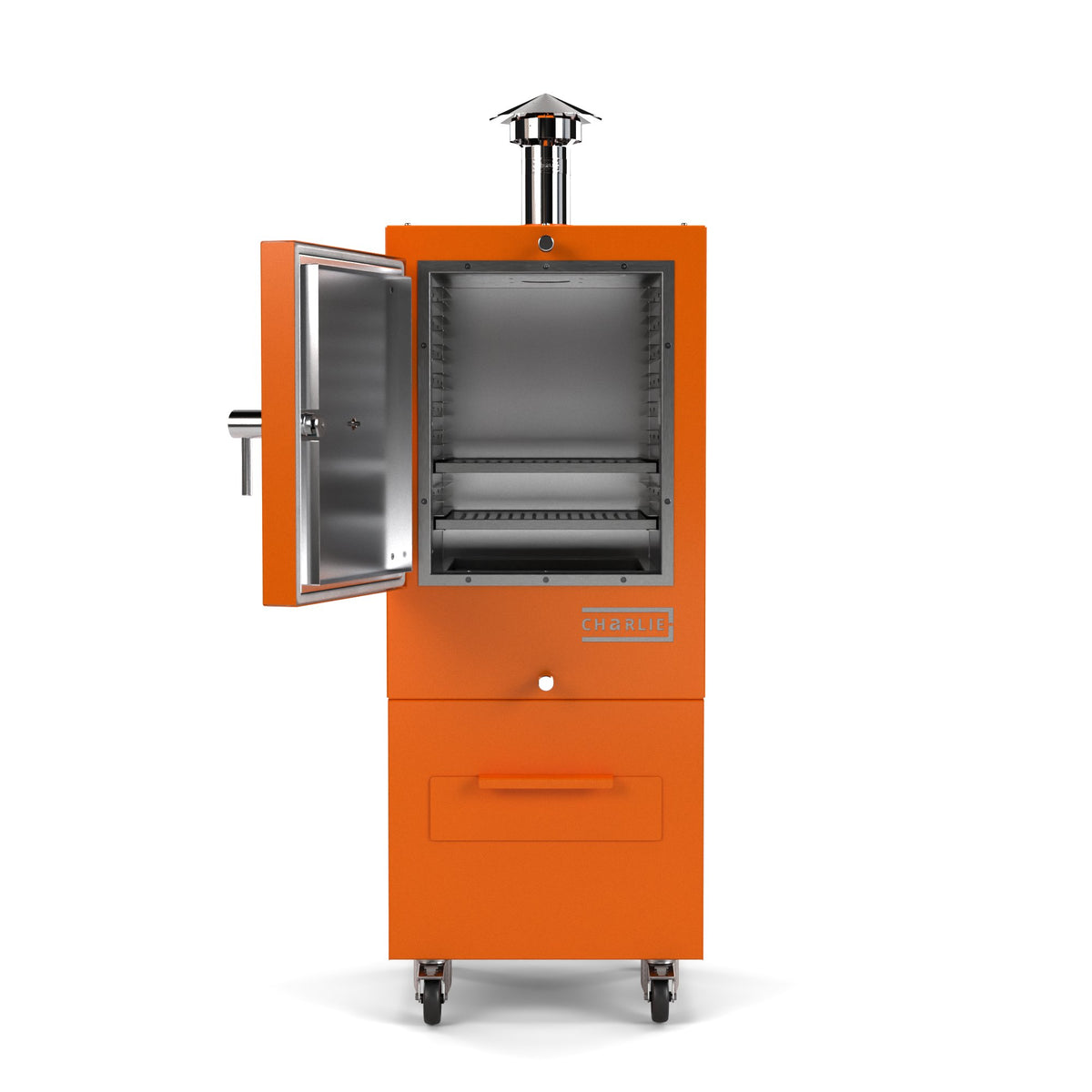 Charlie Charcoal Oven in saffron, a bright vibrant orange, front view with the door open showing the cooking chamber 