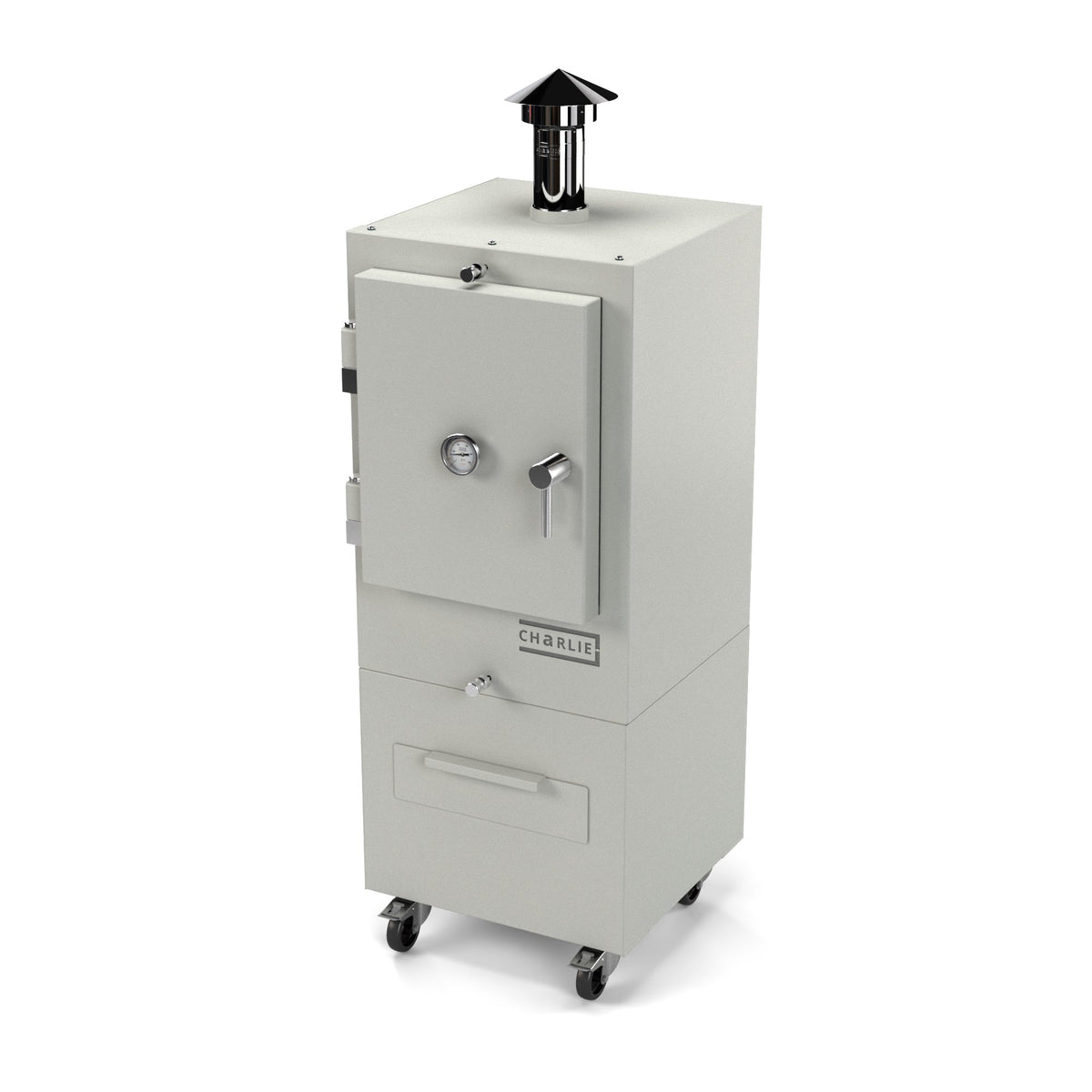 Charlie Charcoal Oven in truffle, a pale grey, angled view with the door closed 