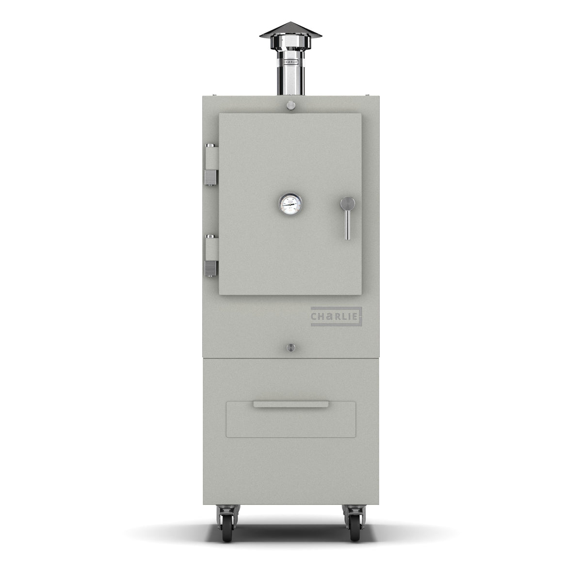 Charlie Charcoal Oven in truffle, a pale grey, front view with the door closed