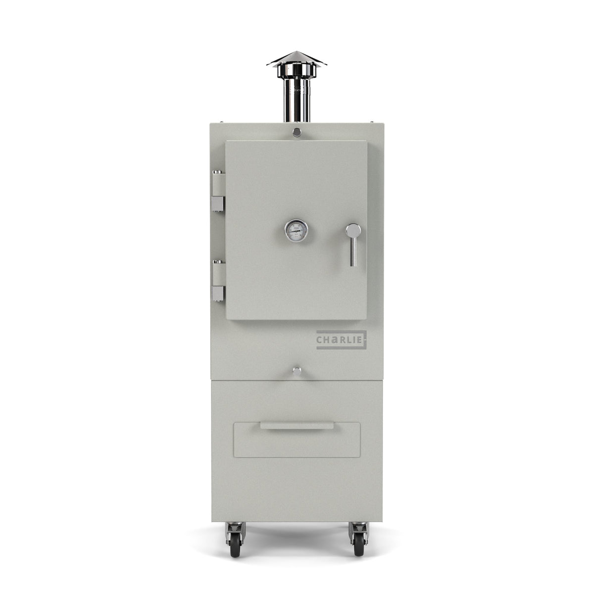 Charlie Charcoal Oven in truffle, a pale grey, front view with the door closed 