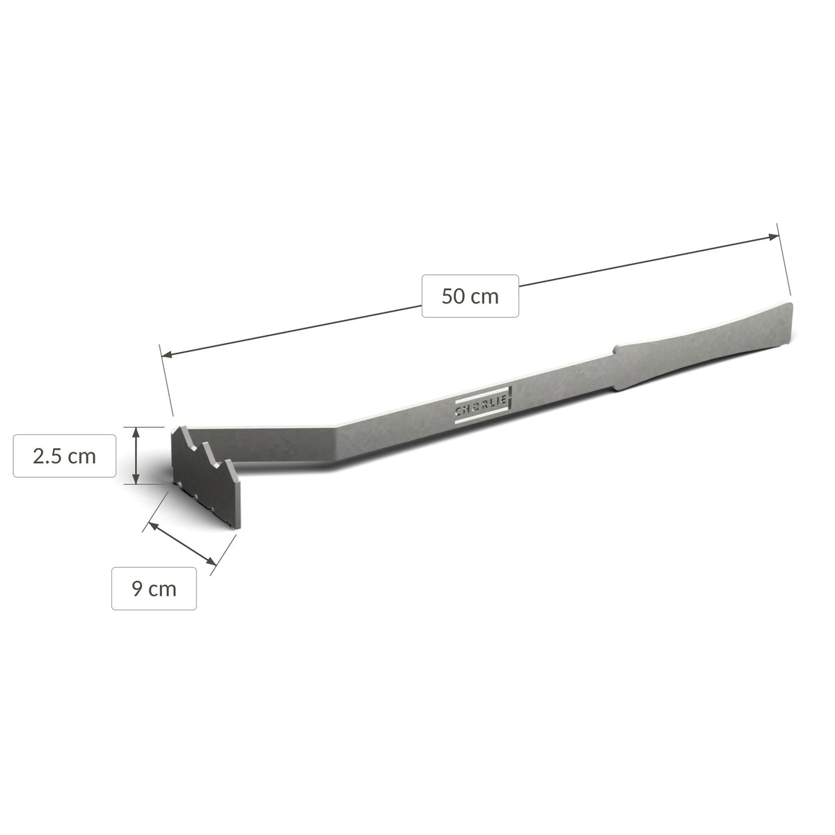 Charlie Oven charcoal rake and scraper dimensions: 50 cm long, 9 cm wide and 2.5 cm high