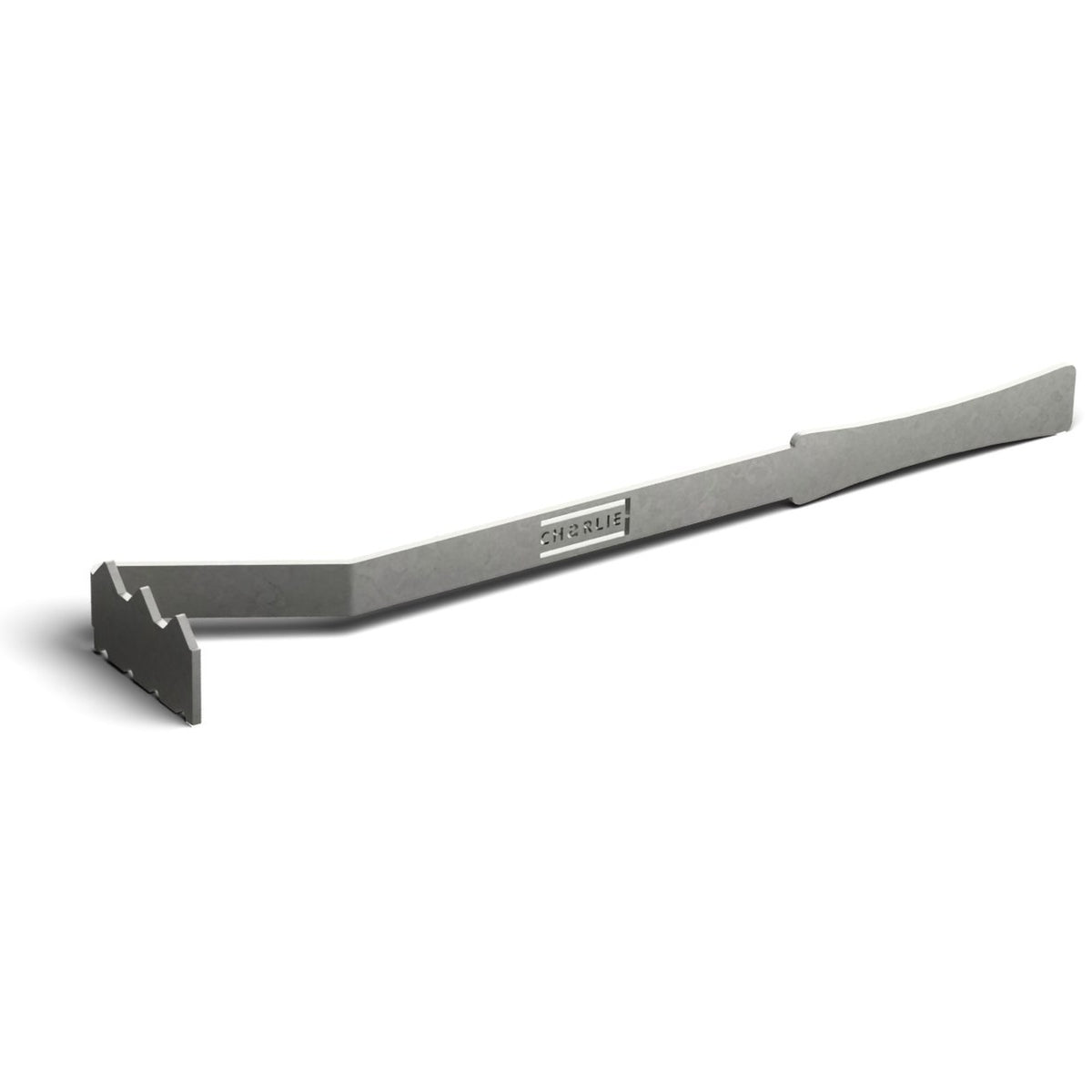 Charlie Oven charcoal rake and scraper tool in 304 stainless steel, with a notched scraping edge and long branded handle