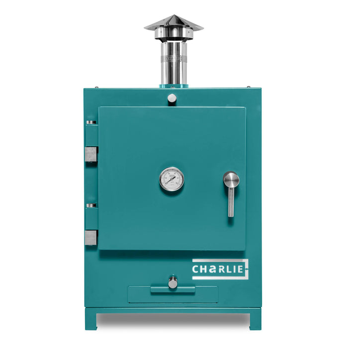 Cheeky Charlie Tabletop Oven in Teal Duck, an aqua blue-green, front view with door closed #colour_teal-duck