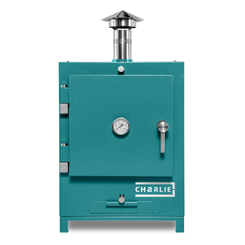 Cheeky Charlie Tabletop Oven in Teal Duck blue, front view with door closed