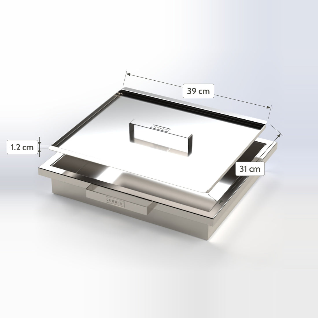 Deep Roasting Tray Rack Lid dimensions: 39 cm wide, 31 cm deep and 1.2 cm thick