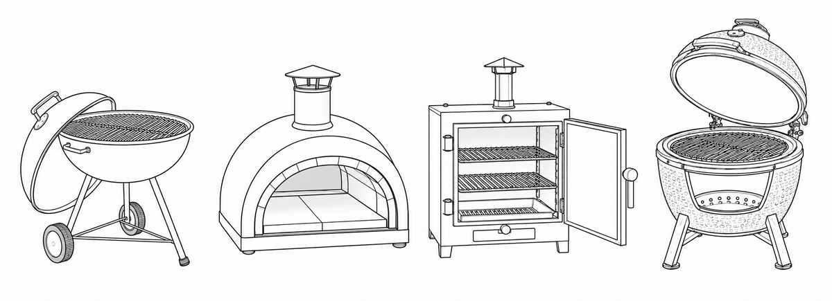 Line drawings of a kettle barbecue, a pizza oven, a front-opening charcoal oven and a kamado.