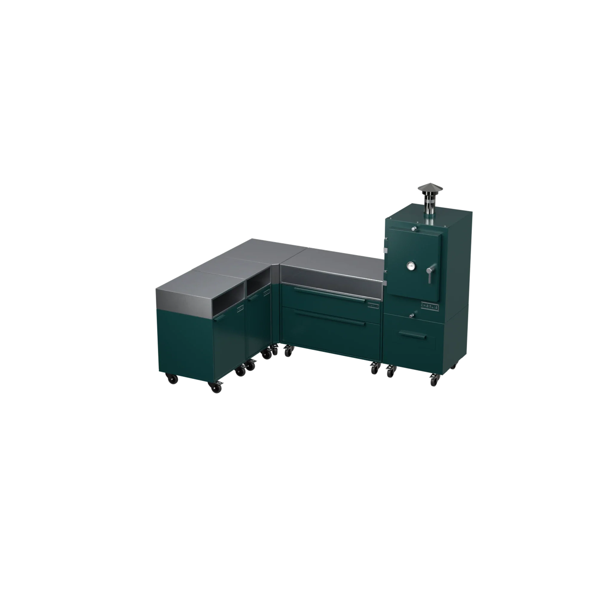 L1 L-Shape outdoor kitchen in agave green, angled three-quarter view