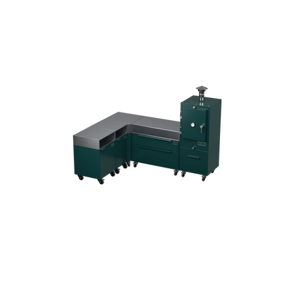 L1 L-Shape outdoor kitchen in agave green, angled three-quarter view