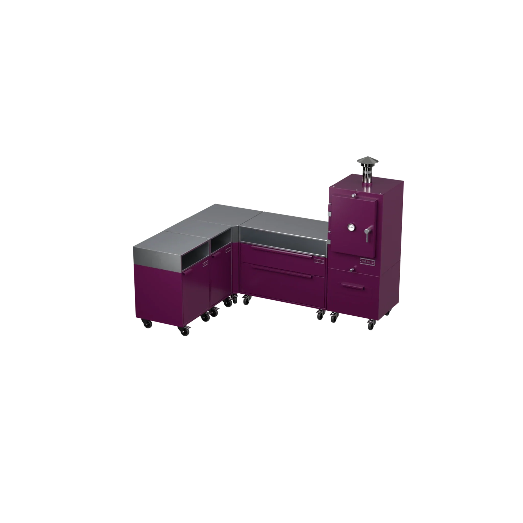 L1 L-Shape outdoor kitchen in beetroot purple, angled corner view