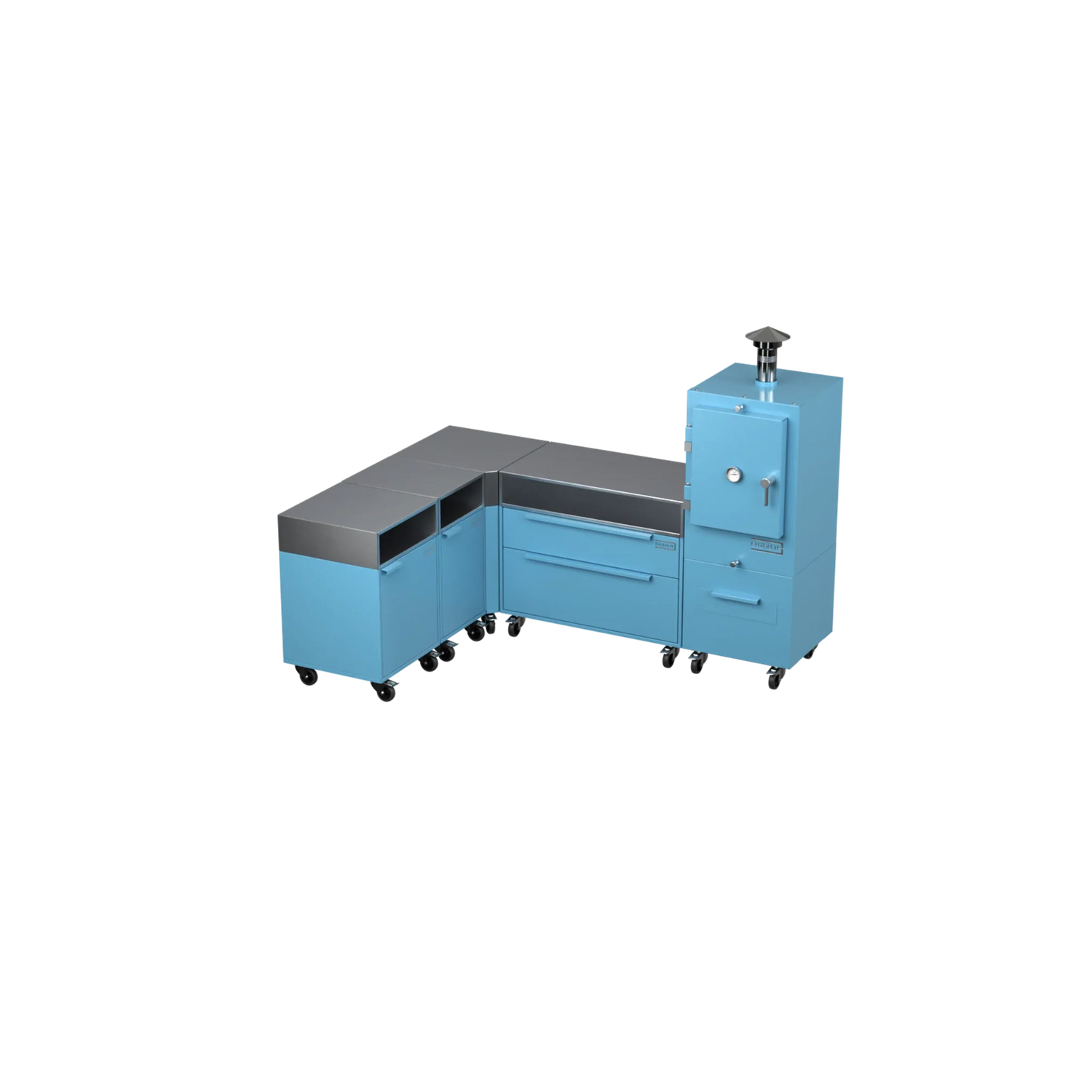 L1 L-Shape outdoor kitchen in blue marlin blue, angled three-quarter view
