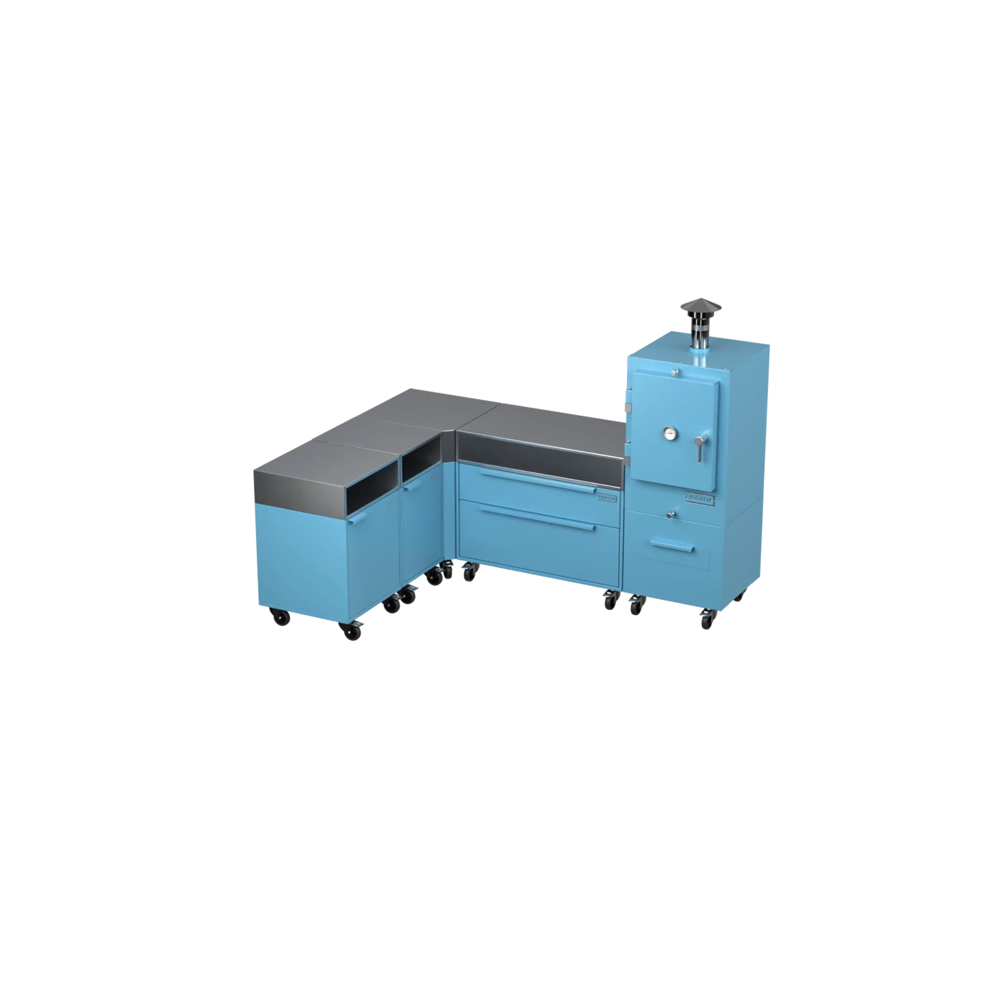 L1 L-Shape outdoor kitchen in blue marlin blue, angled three-quarter view