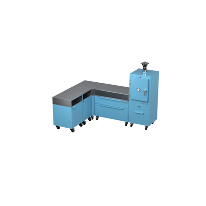 L1 L-Shape outdoor kitchen in blue marlin blue, angled three-quarter view