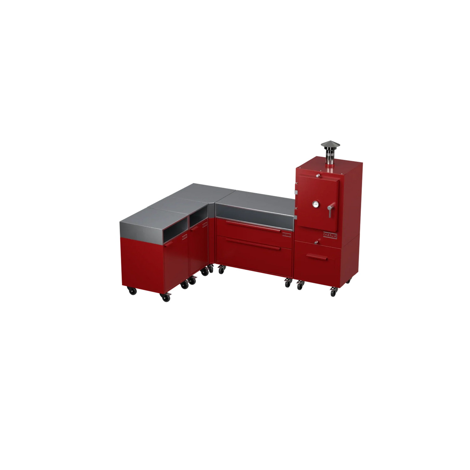 L1 L-Shape outdoor kitchen in dark cherry red, angled three-quarter view
